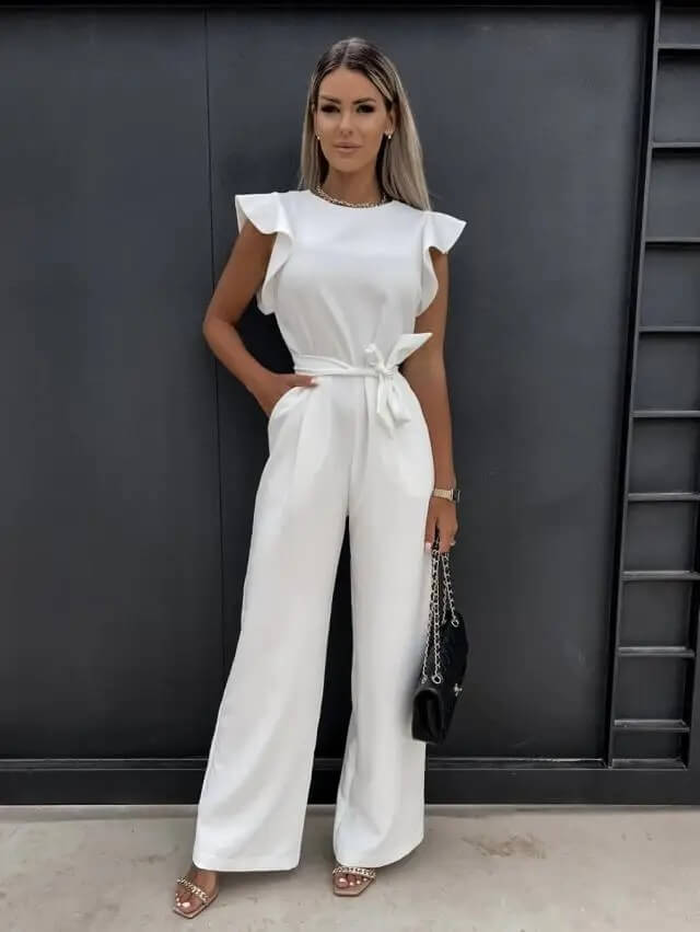 Női Jumpsuit - Ujjatlan Rózsákkal - Derék Öv - Széles Szárak - Elegáns Modell