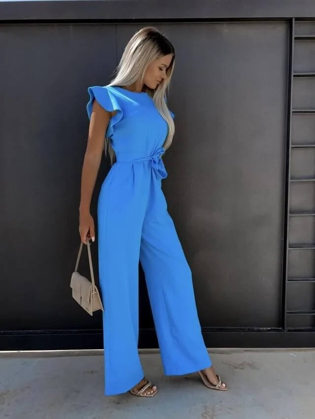 Női Jumpsuit - Ujjatlan Rózsákkal - Derék Öv - Széles Szárak - Elegáns Modell