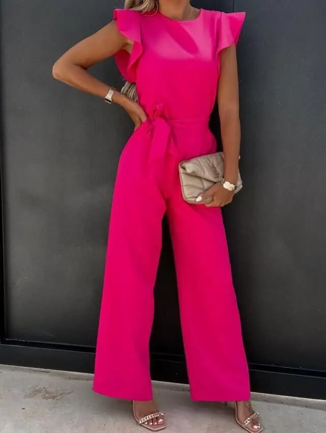 Női Jumpsuit - Ujjatlan Rózsákkal - Derék Öv - Széles Szárak - Elegáns Modell