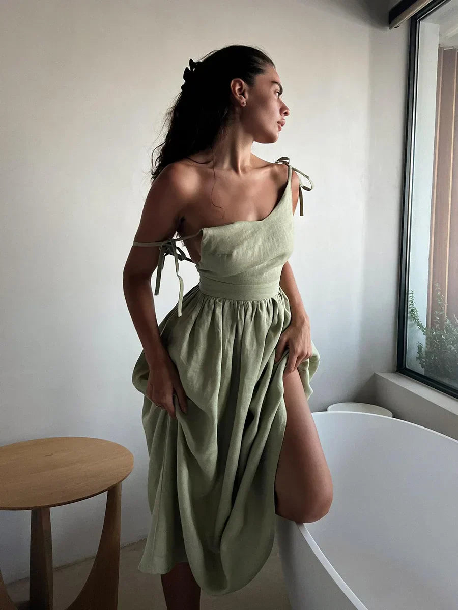 Női Maxi Ruha – Ujjatlan – V-nyakú – Légies Anyag – Elegáns Bővülő Szabás
