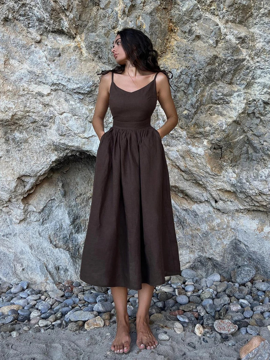 Női Maxi Ruha – Ujjatlan – V-nyakú – Légies Anyag – Elegáns Bővülő Szabás