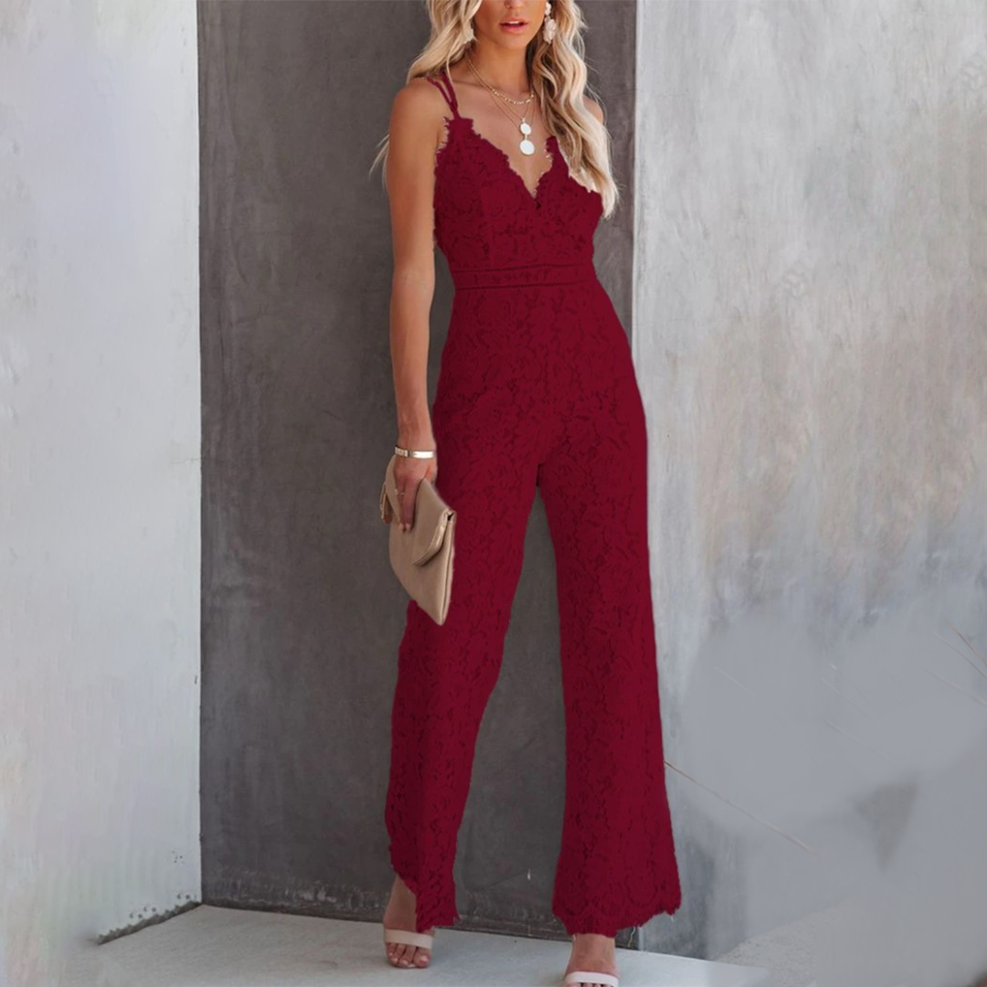 Női Jumpsuit - Elegáns Csipke - V-nyak - Széles Szárak - Feszes Fazonnal