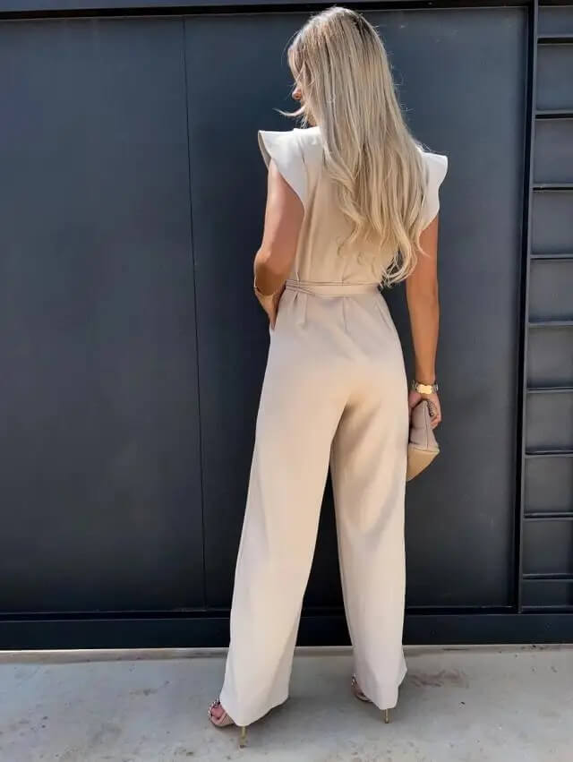 Női Jumpsuit - Ujjatlan Rózsákkal - Derék Öv - Széles Szárak - Elegáns Modell