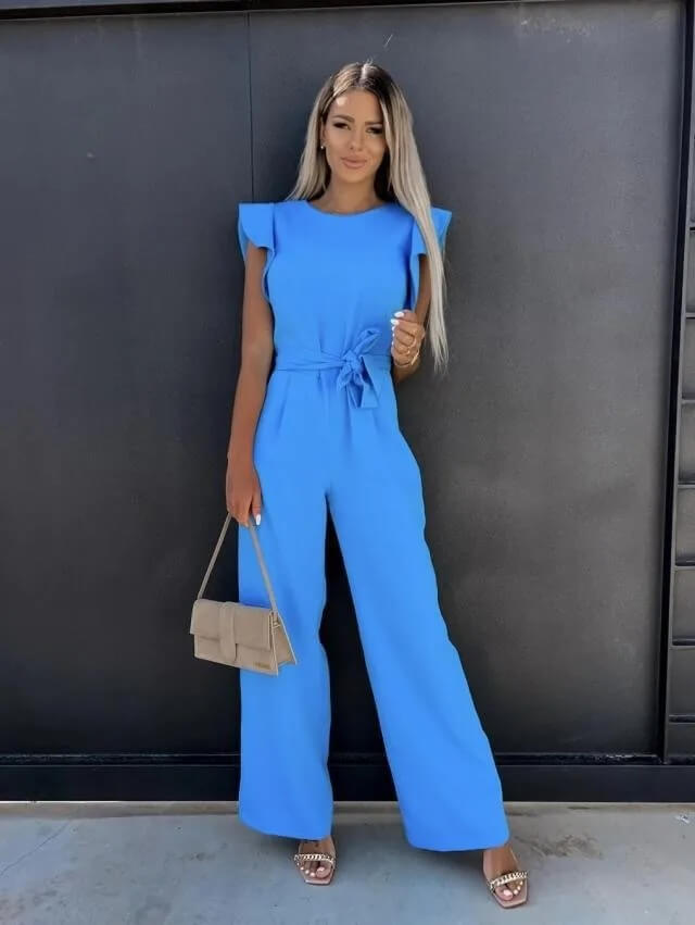 Női Jumpsuit - Ujjatlan Rózsákkal - Derék Öv - Széles Szárak - Elegáns Modell
