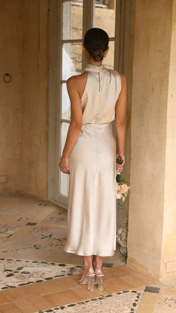 Női Halter Ruha - Ujjatlan Selyemhatás - Felszabdalt - Midi Hossz Elegáns Fit