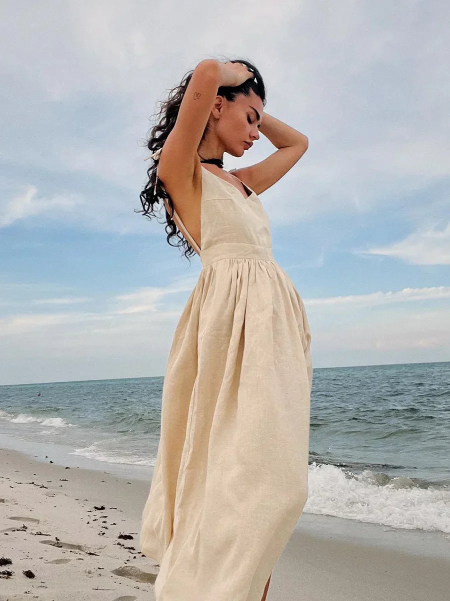 Női Maxi Ruha – Ujjatlan – V-nyakú – Légies Anyag – Elegáns Bővülő Szabás