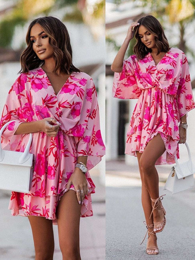 Női Mini Ruha – V-nyakú – Átfordítható Modell – Ráncok – Könnyű Anyag – Elegáns Illeszkedés