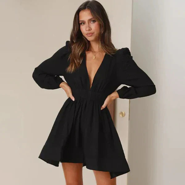 Női Playsuit - Elegáns Hosszú Ujjú - Mély V-nyak - Feszes Fazonnal